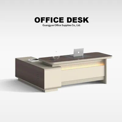 Modern Luxury Executive Office Desk with LED Ambient Lighting and Side Cabinet