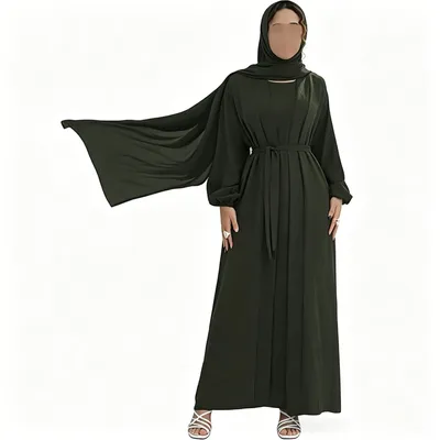 Multi-Color Elegant Pleated Muslim Abaya 3-Piece Set, Slimming Waist-Tie Modest Dress with Hijab & Belt