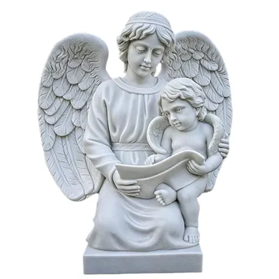 Guangxi White Marble Angel and Child Reading Together Statue
