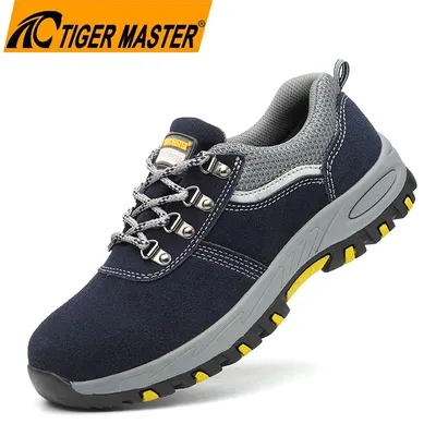 Blue Suede Leather Rubber Sole Steel Toe Anti-Puncture Warehouse Work Shoes Safety