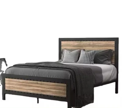 King-Size Wooden Metal Bed with Two-Layer Storage Headboard for Charging Station, No Spring Box Required, Easy to Assemble,