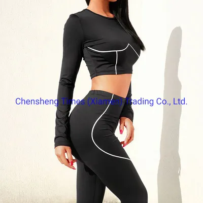 Custom Women Black Yoga Long Sleeve Tops Leggings Set for Active Wear