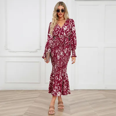 New Slim-Fit V-Neck Belt Print Skirt Maxi Mermaid Dress