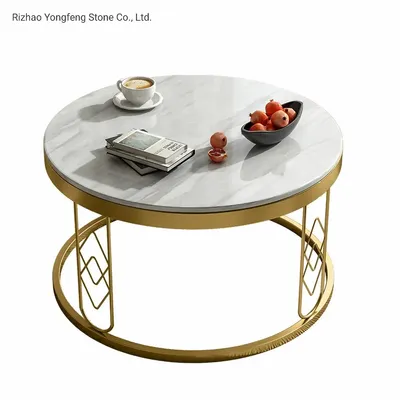 Modern Round Coffee Table with Marble Table Top Metal Base