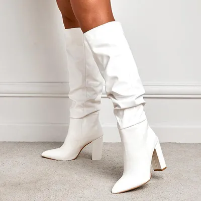 PU Knee High Boots Leather Ruched Chunky Heel Long Boots for Ladies