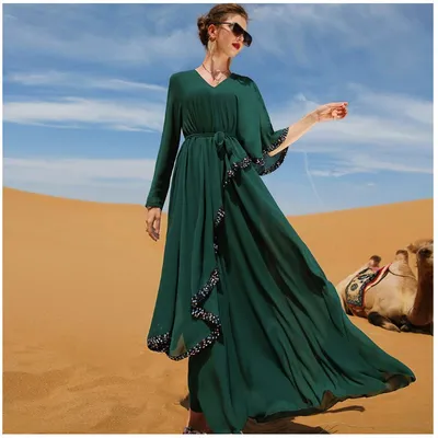 Dark Green Double Chiffon Sequins Irregular Dress, Show Thin White Net Red Long