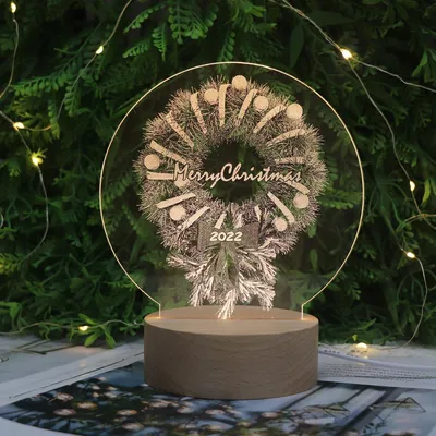2022 Christmas Lamp Gift USB LED Wood Base Decorative Acrylic Lamp Night Light with Button Switch