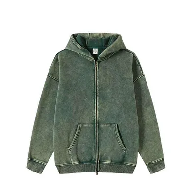 OEM Wholesale Custom Blank Cotton Fleece Full Zipper Sweatshirt Acid Wash Zip up Hoodie Vintage Men's Hoodies