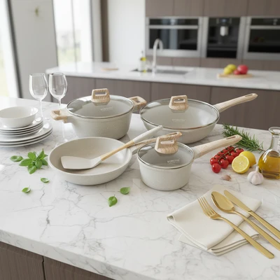 Beige Modern Cookware Set Non-Stick Casserole Aluminium Fry Sauce Pan Healthy Home