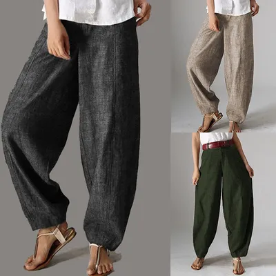 Women's Designer Clothing Linen Blend Elastic Waist Loose Lantern Harem Casual Pants