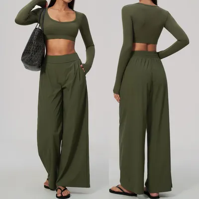 Women 2 Piece Workout Set, Large U-Neck Long Sleeve Anti-Slip Reinforced Elastic Band Crop Top & High Waist Pleated Wide Leg Pants