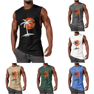 Men Coconut Tree Sunset Print Crew Neck Sleeveless Fitness Tank Top