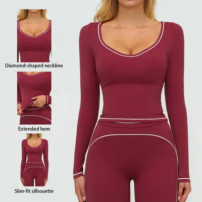 Quick-Dry Breathable Yoga Long-Sleeve Color-Blocked Fashion T-Shirt Running Sports Top