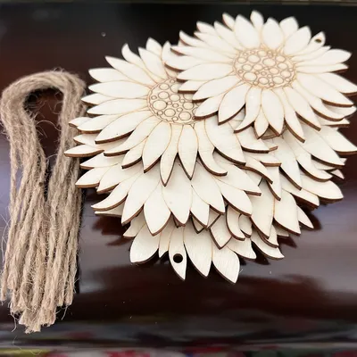 Unfinished Wooden Sunflower Tags with Jute String for DIY Crafts