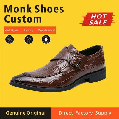 Men Single Monk Strap Dress Shoes Croc Embossed Upper Buckle Decor Pointed Toe Business Formal Leather Shoes for Office Party