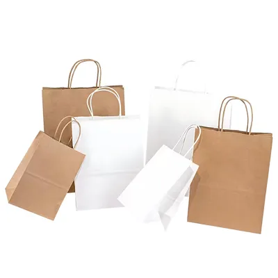 Fashionable Custom Logo Kraft Paper Shopping Bags Bulk with Unique Printed Handles Perfect for Food Packaging Promotion