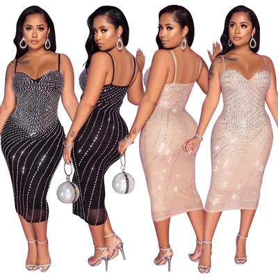 Summer New Collection Women's Sexy Tight Strap Net Silk Beaded MIDI Dress for Women