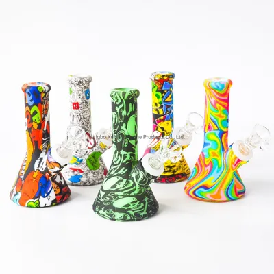 Print 5.0inches Silicone Water Pipe with Glass Bowl Silicone DAB Rigs with 4mm Quartz Banger