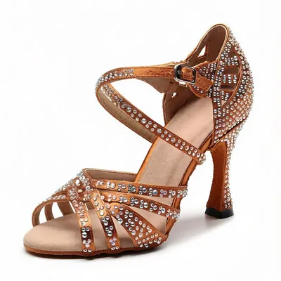 Fa-2212new Silver Diamond Studded Latin Dance Shoes for Women, High Heels, Indoor Parties, Social Dance Shoes