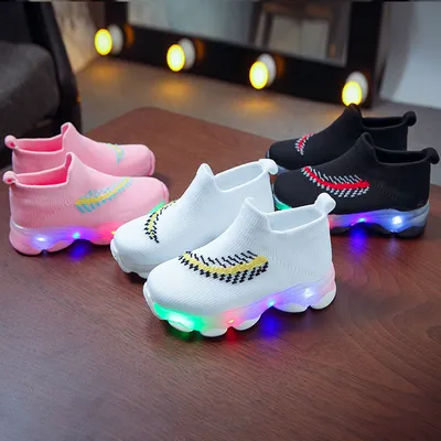 Fashion Kids Baby Girls Boys Slip on Flyknit LED Luminous Socks Sneakers Children Comfort Light up Casual Shoes