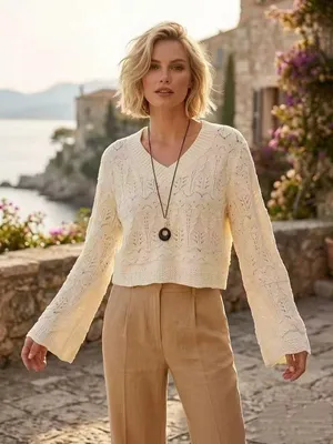 Women's Knitted Sweater Top with Open Design, Short Style, Casual Long-Sleeved Top
