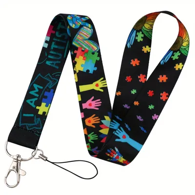Wholesale Polyester Autism Puzzle Print Phone Straps Rope Keychain ID Holder Lanyard Custom Lanyard