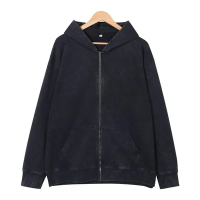 370 GSM Zip up Distressed Acid Washed Vintage Style Cotton Men Hoodie