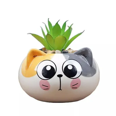 Green Plant Pot Cartoon Cat Ceramic Statue