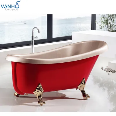Stylish Red Acrylic Clawfoot Bathtub with Deep Soaking Function