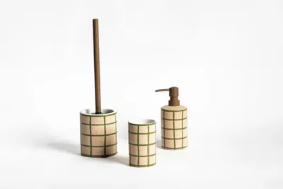 Modern Ceramic Bathroom Accessory Set – 3-Piece Grid Pattern (Toilet Brush, Soap Dispenser, Tumbler)