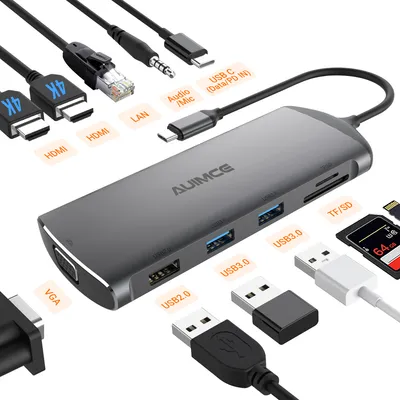 Aluminum 11-in-1 USB Hub with 3 USB a and Dual HDMI, VGA