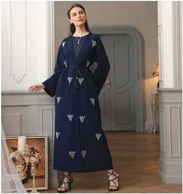 Hand-Stitched Pearl Navy Blue Muslim Women's Dress, Open Kimono Abaya Cardigan