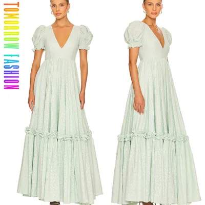 High Quality Summer Fashionable Customized OEM Manufacturing Long Wedding Dress Private Label Women Maxi Gown Dress with Puff Sleeves
