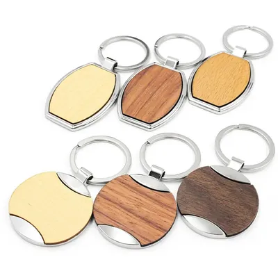 Custom Print Laser Logo Wood Leather Circle Funny Keychain Blank Round Heart Square Shape Wood Wooden Keychain with Box Packing