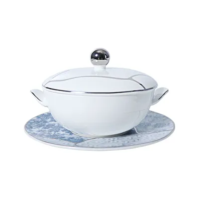 Nordic Luxury Blue White Ceramic Bowls Cover Lid Bone China Tureen