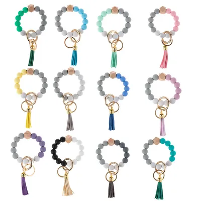 Silicone Bead Keychain Bracelet Beads Suede Circle Tassel Wristlet Keychain