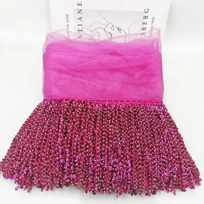 Custom Multi-Color Bead Sequin Tassel Rose Red Mesh Fabric