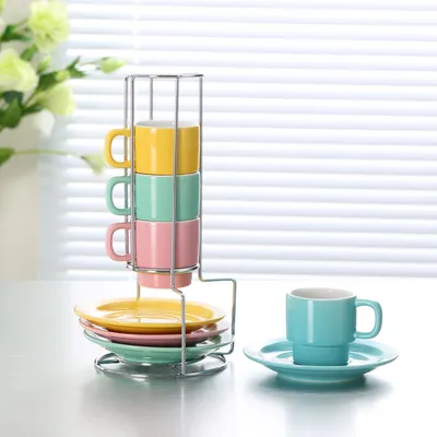 Glaze Ceramic Espresso Stackable Mug Cup and Saucer Set with Iron Steel Stand
