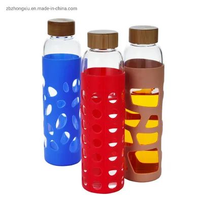 Glass Water Bottle with Silicone Rubber Cover and Bamboo Lid