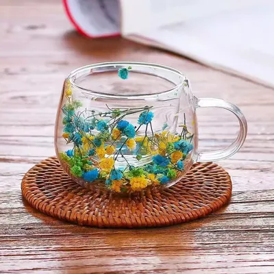 Round Chubby Double-Layered Borosilicate Glass Coffee Milk Cup with Dried Flower Filling