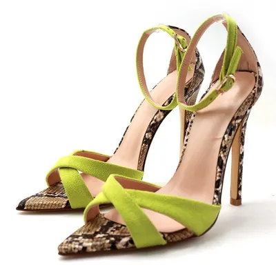 Women Pointed Toe Ankle Strap Suede Snake Print Stiletto High Heels Sandals