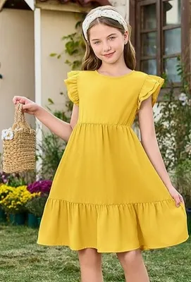 Summer Casual Yellow Short Sleeve Dress for Girls