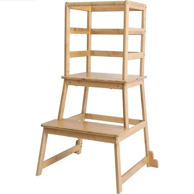 Kids Kitchen Step Stool Safety Children Wooden Standing Helper Tower Learning Living Room