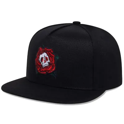 Low MOQ Hip Hop Mens Hat Snapback 6 Panel Skull Rose Embroidered Snapback Hat