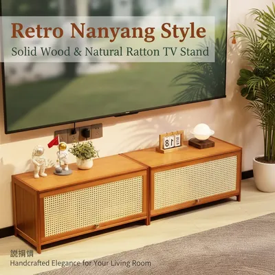 Retro Nanyang Solid Wood Rattan TV Cabinet Split Combination Storage TV Cabinet
