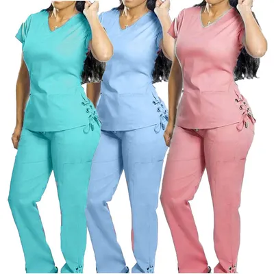 Polyester Rayon Spandex Fabric Scrubs Style Scrub Uniform Sets for Women Teal Color Joggers Medical Nursing Scrub Jacket