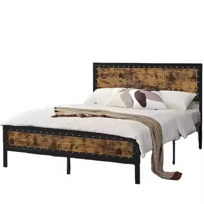 Stylish Metal Queen Bed with Rustic Brown Wooden Footboard