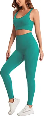Womens Workout Sets Ribbed Seamless Sports Bra Gym Yoga Leggings Pants