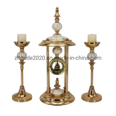 European Tea Lights Candlestick Gold Metal Holder and Ceramics Clock Sets for Home Living Room Decoration