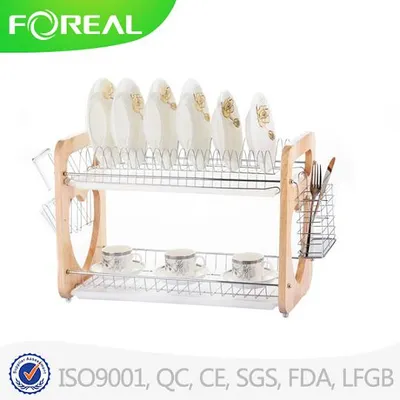 Wooden Plate Metal Wire Kitchen Rack with Cutlery Holder